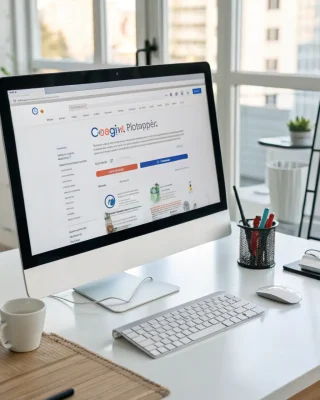 A professional, eye-level photograph of a search engine results page (SERP) displaying a website ranking at the top, surrounded by organic search results. The website at the top should appear credible and trustworthy, symbolizing successful SEO.